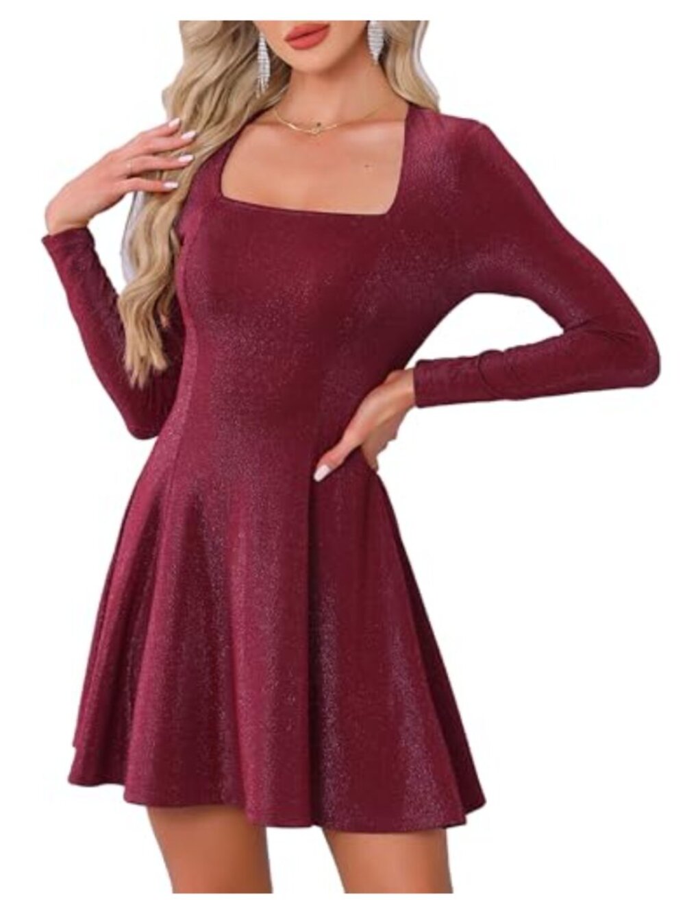 Allegra K Women Glitter Square Neck Long Sleeve Mini A-Line Party Dress